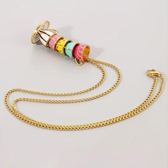 Multicolor Teacups & Saucers Necklace Drop Pendant Enameled Cups Gold Tone Chain - Picture 6 of 15